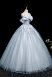 Gray Blue Tulle Flowers Long Prom Dress, A-Line Off the Shoulder Party Dress HZ0429