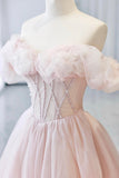Pink Tulle Lace Long Prom Dress with Corset, Off the Shoulder Evening Dress HZ0429