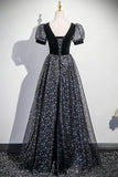 Black Velvet Tulle Long Prom Dress, A-Line Short Sleeve Evening Party Dress HZ0429