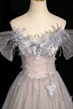 Gray Tulle Sequins Long Prom Dress, Gray Off the Shoulder Party Dress HZ0429
