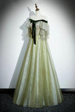 Green Tulle Sequins Long Prom Dress, Lovely Off the Shoulder Party Dress HZ0429