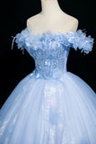Beautiful Blue Tulle Lace Long Prom Dress, A-Line Off the Shoulder Party Dress HZ0429