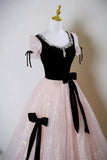 Black Velvet and Pink Tulle Long Prom Dress, Lovely A-Line Short Sleeve Evening Dress HZ0429