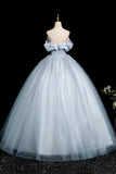 Gray Blue Tulle Flowers Long Prom Dress, A-Line Off the Shoulder Party Dress HZ0429