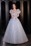 Blue Tulle Flowers Long Prom Dress, Beautiful Short Sleeve Evening Party Dress HZ0429