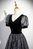Black Velvet Tulle Long Prom Dress, A-Line Short Sleeve Evening Party Dress HZ0429