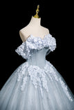 Gray Blue Tulle Flowers Long Prom Dress, A-Line Off the Shoulder Party Dress HZ0429