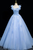 Beautiful Blue Tulle Lace Long Prom Dress, A-Line Off the Shoulder Party Dress HZ0429