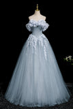 Gray Blue Tulle Flowers Long Prom Dress, A-Line Off the Shoulder Party Dress HZ0429