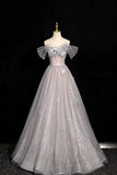 Gray Tulle Sequins Long Prom Dress, Gray Off the Shoulder Party Dress HZ0429
