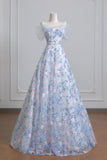Blue Floral Tulle Long Prom Dress, Lovely A-Line Off the Shoulder Party Dress HZ0429