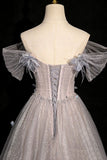 Gray Tulle Sequins Long Prom Dress, Gray Off the Shoulder Party Dress HZ0429