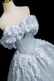 Gray Blue Tulle Flowers Long Prom Dress, A-Line Off the Shoulder Party Dress HZ0429