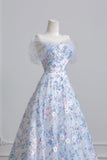 Blue Floral Tulle Long Prom Dress, Lovely A-Line Off the Shoulder Party Dress HZ0429