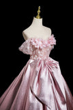Pink Satin Lace Long Prom Dress, Beautiful A-Line Evening Party Dress HZ0429
