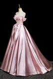 Pink Satin Lace Long Prom Dress, Beautiful A-Line Evening Party Dress HZ0429