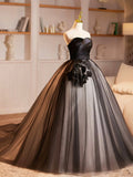 Black Strapless Tulle Long Prom Dress, Beautiful A-Line Sweetheart Neck Formal Party Dress HZ0429