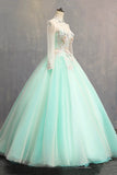 Green Tulle Lace Long Prom Dress, Elegant High Neck Long Sleeve Formal Dress HZ0429