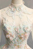 Green Tulle Lace Long Prom Dress, Elegant High Neck Long Sleeve Formal Dress HZ0429