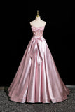 Pink Satin Lace Long Prom Dress, Beautiful A-Line Evening Party Dress HZ0429