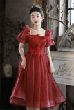 Red Tulle Short Prom Dress, A-Line Short Sleeve Evening Party Dress HZ0429