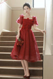 Red Tulle Short Prom Dress, A-Line Short Sleeve Evening Party Dress HZ0429