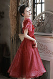 Red Tulle Short Prom Dress, A-Line Short Sleeve Evening Party Dress HZ0429