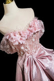 Pink Satin Lace Long Prom Dress, Beautiful A-Line Evening Party Dress HZ0429