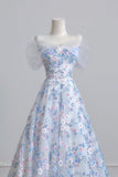 Blue Floral Tulle Long Prom Dress, Lovely A-Line Off the Shoulder Party Dress HZ0429