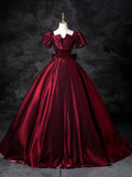 Burgundy Satin Floor Length Prom Dress, A-Line Short Sleeve Formal Dress HZ0429