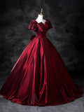 Burgundy Satin Floor Length Prom Dress, A-Line Short Sleeve Formal Dress HZ0429