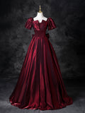 Burgundy Satin Floor Length Prom Dress, A-Line Short Sleeve Formal Dress HZ0429