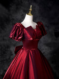 Burgundy Satin Floor Length Prom Dress, A-Line Short Sleeve Formal Dress HZ0429