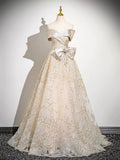 Champagne Glitter Sequins Floor Length Party Dress, Off the Shoulder Evening Prom Dress HZ0429