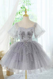 Grey Sparkly Tulle Short Party Dress with Floral Appliques HZ0429