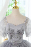 Grey Sparkly Tulle Short Party Dress with Floral Appliques HZ0429