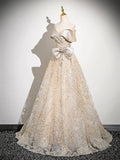 Champagne Glitter Sequins Floor Length Party Dress, Off the Shoulder Evening Prom Dress HZ0429
