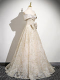 Champagne Glitter Sequins Floor Length Party Dress, Off the Shoulder Evening Prom Dress HZ0429