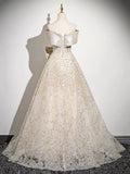 Champagne Glitter Sequins Floor Length Party Dress, Off the Shoulder Evening Prom Dress HZ0429