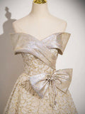 Champagne Glitter Sequins Floor Length Party Dress, Off the Shoulder Evening Prom Dress HZ0429