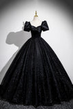 Black Glitter Tulle Long Prom Dress, Black Short Sleeve Evening Party Dress HZ0429