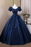 Navy Satin Long Prom Dress, Elegant Short Sleeve Evening Party Dress HZ0429