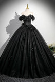 Black Tulle Flowers Long Prom Dress, Off the Shoulder A-Line Party Dress with Corset HZ0429