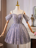 Shiny Tulle Sequins Knee Length Prom Dress, A-Line Off the Shoulder Evening Party Dress HZ0429