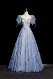 Blue Tulle Beads Long Prom Dress, Beautiful Short Sleeve Evening Party Dress HZ0429