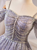 Shiny Tulle Sequins Knee Length Prom Dress, A-Line Off the Shoulder Evening Party Dress HZ0429
