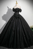 Black Tulle Flowers Long Prom Dress, Off the Shoulder A-Line Party Dress with Corset HZ0429