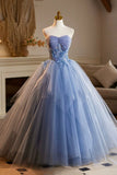 Blue Strapless Tulle Long Prom Dress, Lovely A-Line Evening Party Dress HZ0429