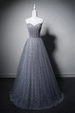 Elegant Grey Strapless Tulle Evening Gown with Rhinestone Bodice HZ0429