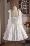 White Satin Knee Length Prom Dress, Lovely A-Line Party Dress White Bow HZ0429